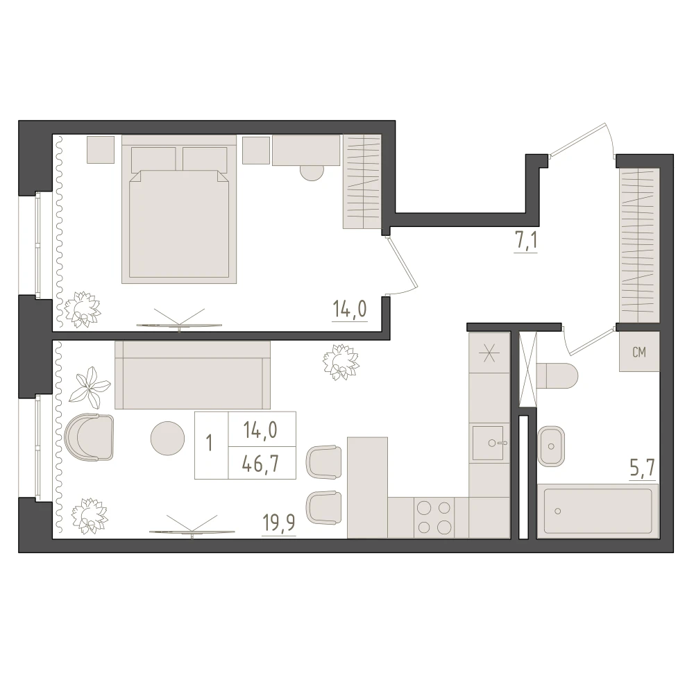 1 комнатная квартира 46.7кв.м.