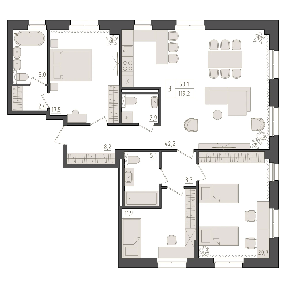 3 комнатная квартира 119.2кв.м.